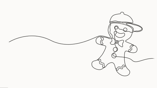 Continuous line drawing of gingerbread man wearing cap and bow tie isolated on white studio background.