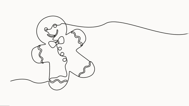 Minimalist continuous line art drawing of holiday gingerbread man cookie against clean background. self drawing animation, full-length  one line motion video