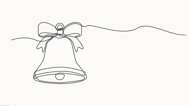 Minimalist continuous line art drawing of Christmas bell with elegant bow on neutral background. self drawing animation, full-length  one line motion video.