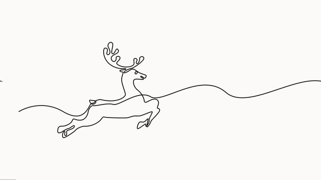 Minimalist continuous line art drawing of majestic reindeer leaping over snowy winter hills. self drawing animation, full-length  one line motion video