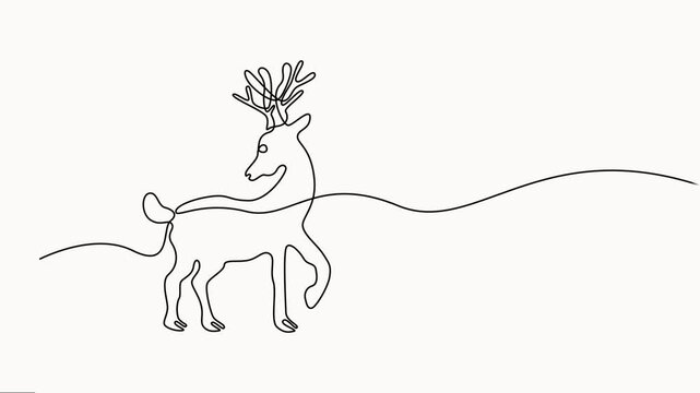 Minimalist continuous line art drawing of majestic stag walking on clean white background clip. self drawing animation, full-length  one line motion video