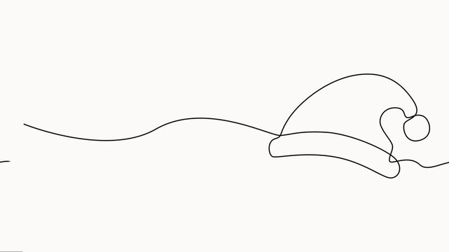 Minimalist continuous line art drawing of Santa Claus hat appearing on simple clean background.