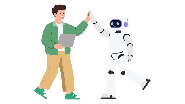 Young man holding a laptop giving high five to a cute white robot transparent background