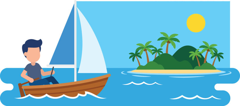 Man sailing small boat toward tropical island, concept of business journey and pursuing new goals