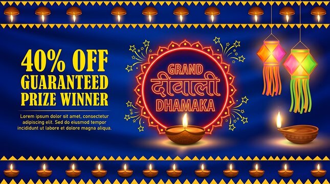 Diwali festival grand dhamaka sale banner with traditional oil lamps