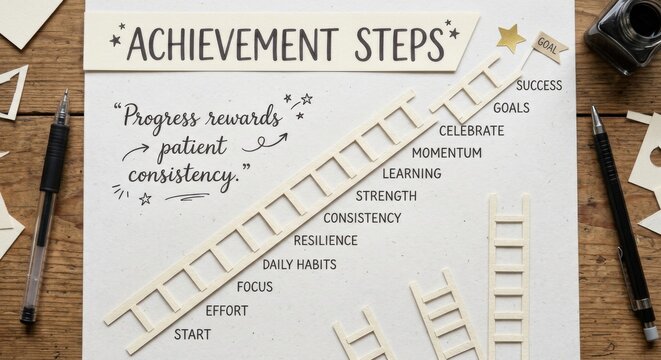 Paper ladders illustrating achievement steps and progress on a motivational chart.