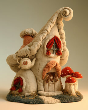 Whimsical handmade textile cottage with curled roof, tiny red curtains, miniature teapot and bright fabric mushrooms in a charming fantasy setting.