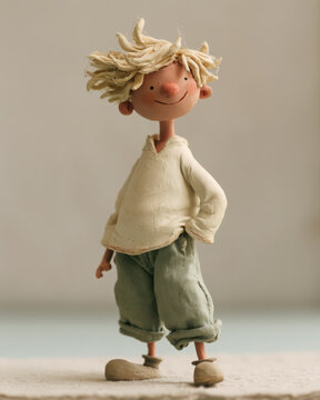 Whimsical smiling boy figurine with tousled blond hair, cream shirt and loose green trousers, handcrafted in a playful rustic storybook style.