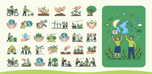 Fototapeta premium Nature and ecology concept illustrations. Set of people vector illustrations in various activities of ecology and environment, recycling, nature protection, renewable energy and sustainable technology