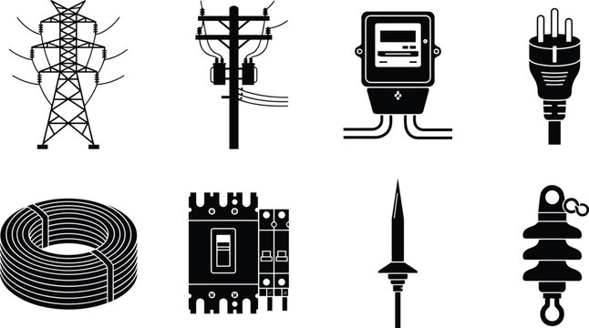 Electrical power grid and high voltage equipment black silhouette icons set including transmission tower meter cable and breaker