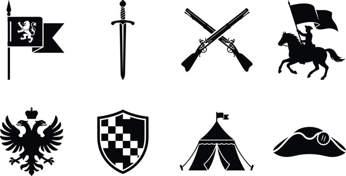 Historical military warfare and heraldry black silhouette icons set including sword crossed muskets knight cavalry and shield