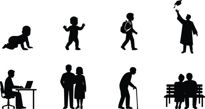 Human life cycle stages black silhouettes set including baby toddler schoolboy graduate adult couple and elderly person