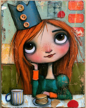 Whimsical red-haired girl with oversized eyes enjoying coffee and pancakes in a richly textured folk art scene filled with quirky character, colour and nostalgic charm.