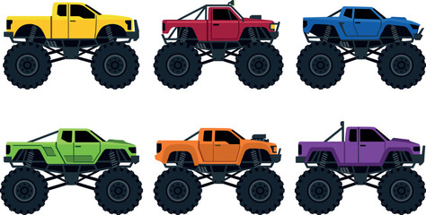 Monster truck vector illustration set featuring modern colorful offroad pickup cars with massive tires in side profile views isolated on white © MD