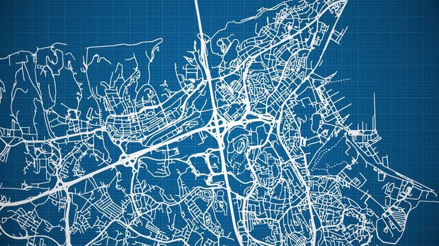 Ink reveal animation of Almada city, Portugal, grid map. Aerial top view. Blueprint style. White lines with blue background. 4K Seamless loop.