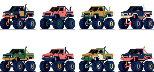 Monster truck vector character set featuring colorful offroad pickup vehicles with huge tires in side profile views isolated on white background © MD