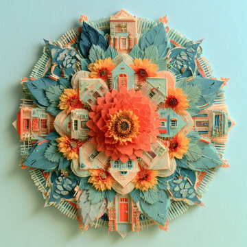 Whimsical architectural mandala combining miniature houses, oversized flowers and layered foliage in coral and teal, creating a charming symmetrical fantasy neighbourhood.