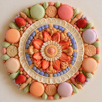 Sweet edible mandala arranged with strawberries, macarons, biscuits and colourful confectionery in a detailed floral pattern of soft coral, cream, lavender and green.
