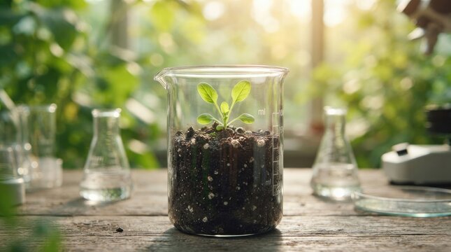 A small green plant growing in a glass beaker filled with soil in a bright, sunlit laboratory setting, representing scientific research and environmental sustainability world science day