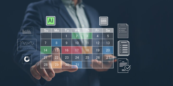 close up hand Businessman touching digital calendar screen with AI and data icons, corporate project scheduling, time management and automated task planner workflow concept.