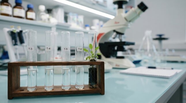 A small plant growing in a test tube labeled t6, part of a scientific experiment in a laboratory with a microscope in the background world science day