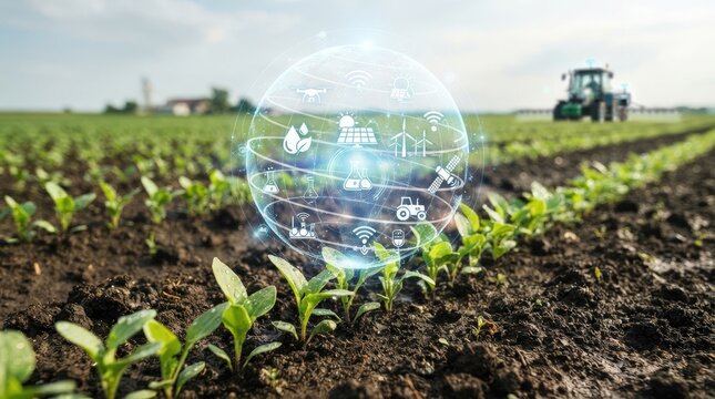 Smart farming concept with digital technology overlay showing agricultural data and icons over a field with young crops and a tractor world science day