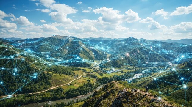 Digital communication network overlaying a scenic mountain range, symbolizing advanced connectivity, remote access, and technological infrastructure world science day