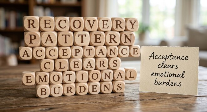 Wooden Cubes Displaying Words of Recovery, Acceptance, and Healing