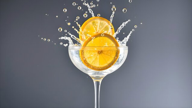 Juicy citrus orange slice dropping into a clear glass of sparkling water with high speed water splashing droplets everywhere
