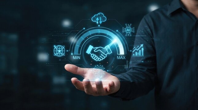 A businessman holding a holographic interface showing a handshake icon, ai, cloud computing, and growth charts, representing digital partnership and business optimization world science day