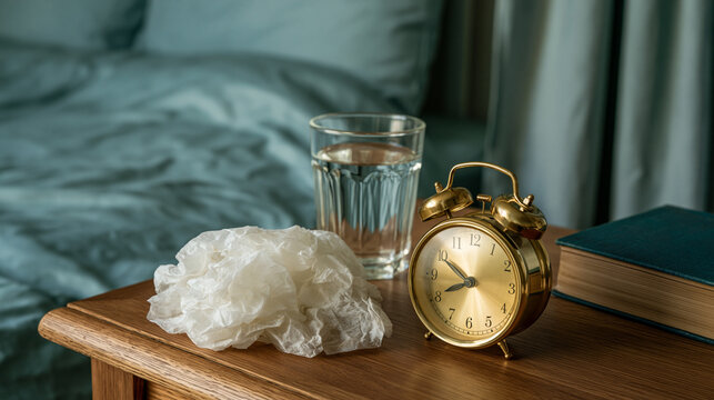 Golden vintage alarm clock and glass of water on wooden nightstand with crumpled tissue and book, morning bedside table setting for wake up.
