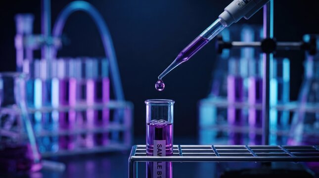 Laboratory pipette dropping purple liquid into a test tube in a dark science lab with blurred glassware in the background, scientific research and chemical analysis concept world science day