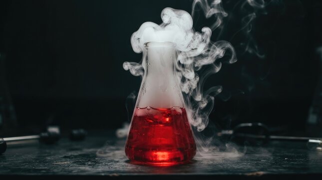 Erlenmeyer flask with red liquid and smoke on a dark background world science day