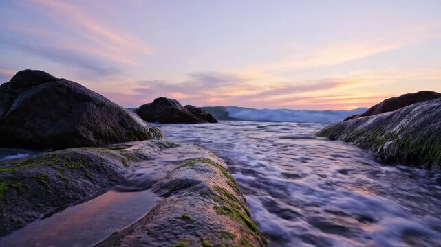 Ocean waves crashing against mossy rocks at sunset on a scenic tropical beach coastline