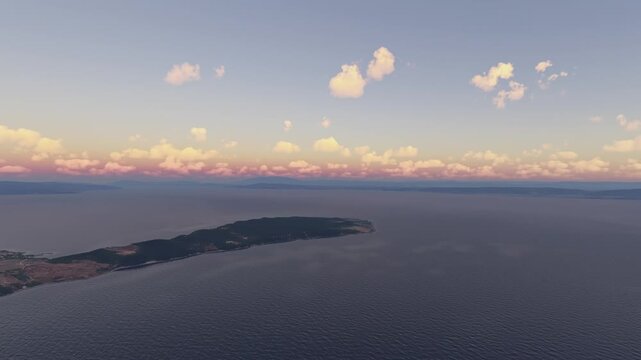 Circular aerial shot at sunset of İmralı Island in Bursa. Turkey