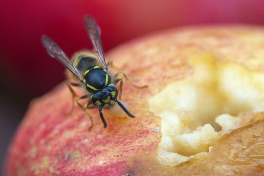 German wasp, real wasp, German wasp, hymenoptera, short-headed wasps, vespula germanica, on apple, on food, on fruit, apple, wrinkled wasps, insects, fruit, wasp, wasp