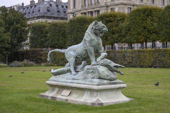 Bronze statue of a tiger killing a crocodile, by Auguste-Nicolas Ca&iuml;n, Jardin des Tuileries, Tuileries Garden, 1st arrondissement, Paris, &Icirc;le-de-France region, France