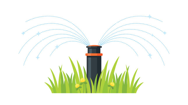 Automatic garden sprinkler spraying fresh water over green grass in a clean minimalist vector style