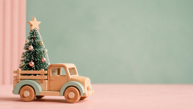 Cute Miniature Wooden Toy Truck Carrying a Decorated Christmas Tree with Pastel Background