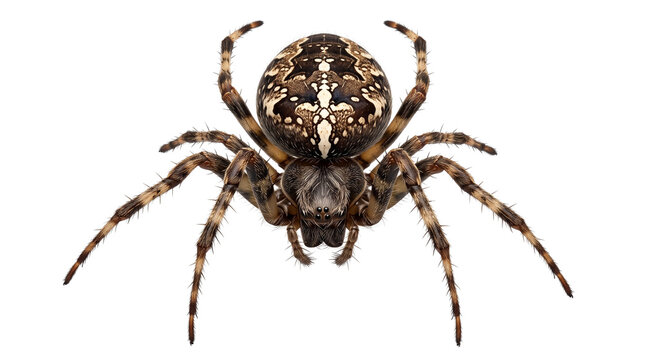 European garden spider with cross pattern, macro view of Araneus diadematus, brown orb weaver arachnid for biology study isolated PNG with Transparent Background