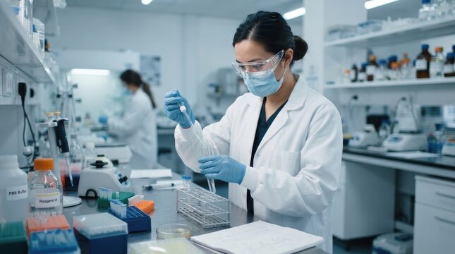 Scientist working in a laboratory using a pipette to transfer liquid into a test tube, conducting medical research and chemical analysis world science day