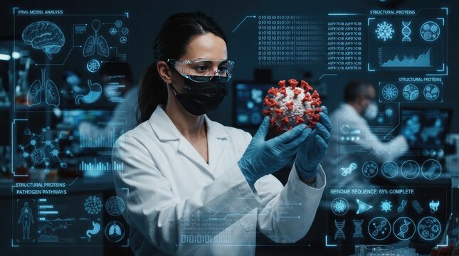 Scientist in a laboratory analyzing a 3d model of a virus with digital holographic data overlays representing structural proteins and genome sequencing world science day