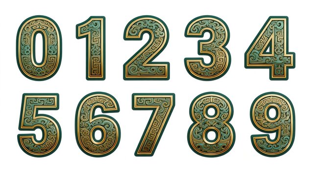 Teal numbers 0 to 9 with golden borders and traditional oriental fret patterns, vintage bronze texture typography design elements on white background.