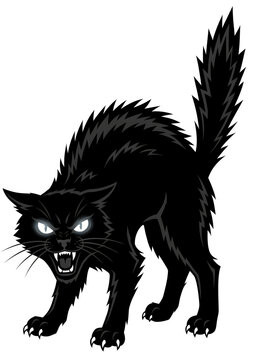 Angry black cat with arched back and raised tail hissing with sharp teeth and glowing eyes in silhouette style