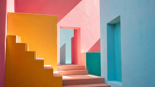 Modern Minimalist Architecture with Vibrant Pastel Colored Walls and Geometric Stairs