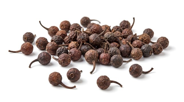 Dried cubeb berries with stems on a white background.