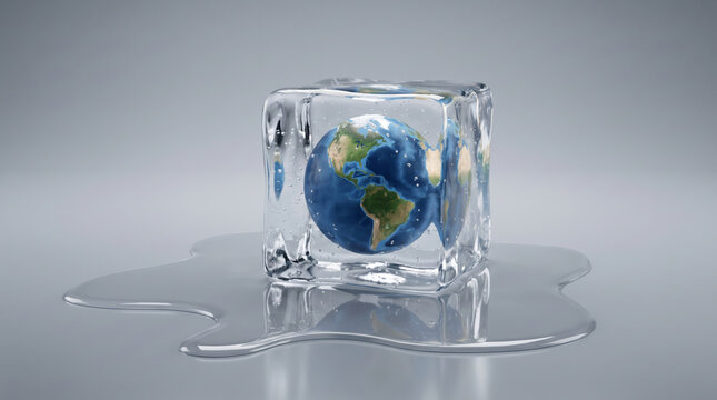 Melting ice globe evokes climate change and fragile planetary future. Global warming climate change crisis. earth planet disaster impact issue, heat iceberg melt liquid