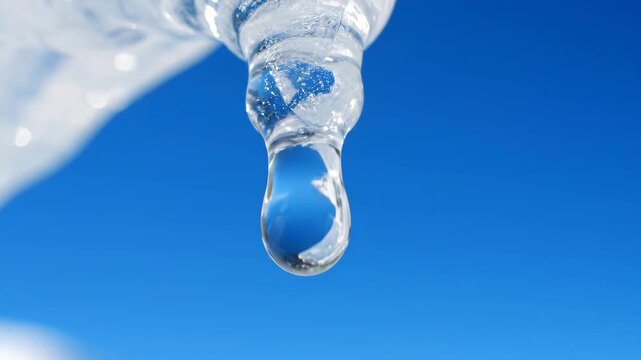 Icicle melting with sun starburst against clear blue sky