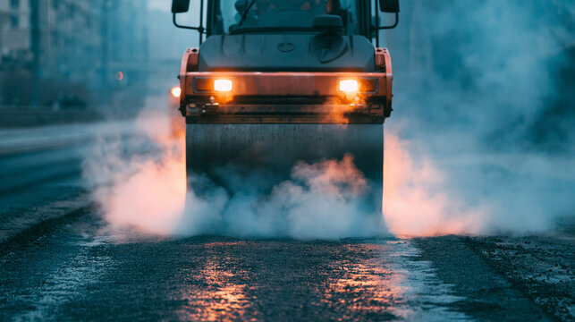 Heavy construction steamroller compacting hot asphalt on road surface with smoke for infrastructure and development work.