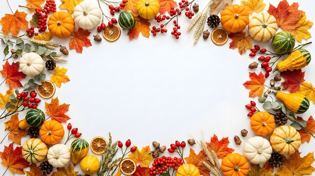 Autumn frame with pumpkins and leaves isolated on white background